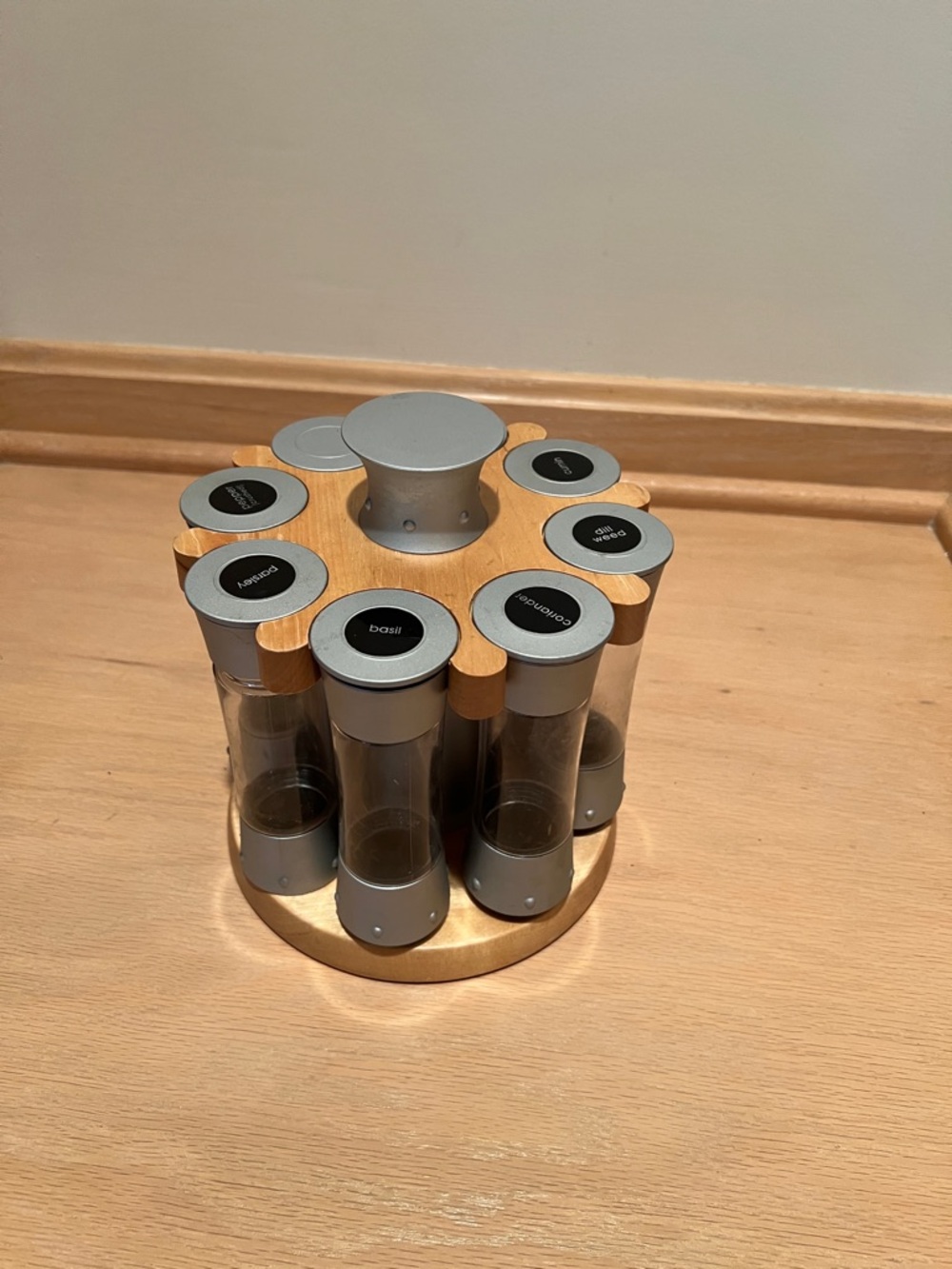Rotating Spice Rack Set with Glass Jars - Silver & Light Wood